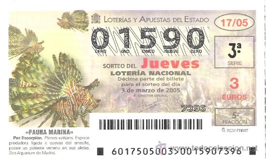 Lotaria Nacional: 1 DECIMO LOTERIA DEL JUEVES - 3 MARZO 2005 - 17/05 - FAUNA MARINA ( PEZ ESCORPION )