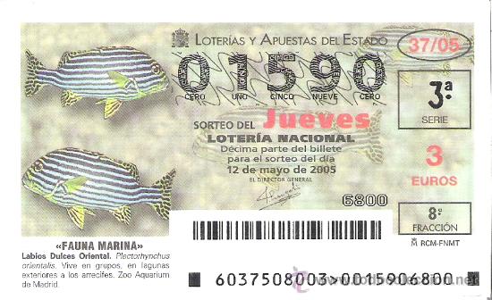 Lotaria Nacional: 1 DECIMO LOTERIA DEL JUEVES - 12 MAYO 2005 - 37/05 - FAUNA MARINA - ( LABIOS DULCES ORIENTAL )