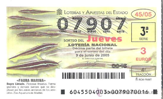 Lotaria Nacional: 1 DECIMO LOTERIA DEL JUEVES - 9 JUNIO 2005 - 45/05 - FAUNA MARINA ( BAGRE LISTADO )