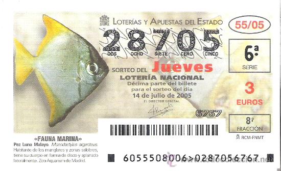 Lotaria Nacional: 1 DECIMO LOTERIA DEL JUEVES - 14 JULIO 2005 - 55/05 - FAUNA MARINA ( PEZ LUNA MALAYO )