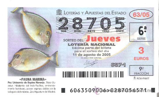 Lotaria Nacional: 1 DECIMO LOTERIA DEL JUEVES - 11 AGOSTO 2005 - 63/05 - FAUNA MARINA -PEZ UNICORNIO DE ESPINA NARANJA