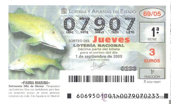 Lotaria Nacional: 1 DECIMO LOTERIA DEL JUEVES - 1 SEPTIEMBRE 2005 - 69/05 - FAUNA MARINA (SALMONETE SILLA DE MONTAR)