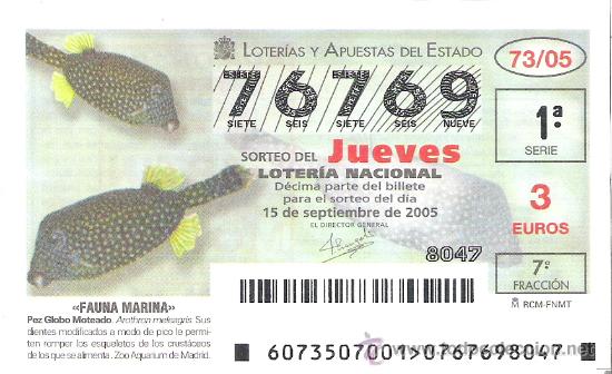 Lotaria Nacional: 1 DECIMO LOTERIA DEL JUEVES - 15 SEPTIEMBRE 2005 - 73/05 - FAUNA MARINA ( PEZ GLOBO MOTEADO )