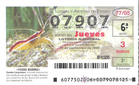 Lotaria Nacional: 1 DECIMO LOTERIA DEL JUEVES - 29 SEPTIEMBRE 2005 - 77/05 - FAUNA MARINA ( GAMBA LIMPIADORA )