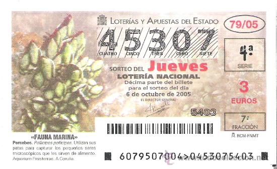 Lotaria Nacional: 1 DECIMO LOTERIA DEL JUEVES - 6 OCTUBRE 2005 - 79/05 - FAUNA MARINA ( PERCEBES )