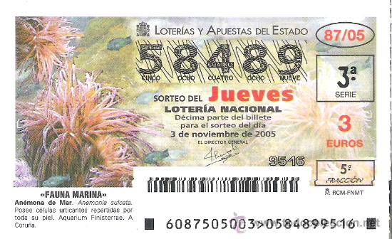 Lotaria Nacional: 1 DECIMO LOTERIA DEL JUEVES - 3 NOVIEMBRE 2005 - 87/05 - FAUNA MARINA ( ANEMONA DE MAR)