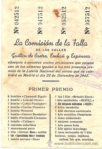 Lotería Nacional: SORTEO CESTA CON LOTERIA NAVIDAD DE 1945 - COMISION FALLA CALLES GUILLEN DE CASTRO, EMBAÑ Y ESPINOSA - Foto 2 - 24661613