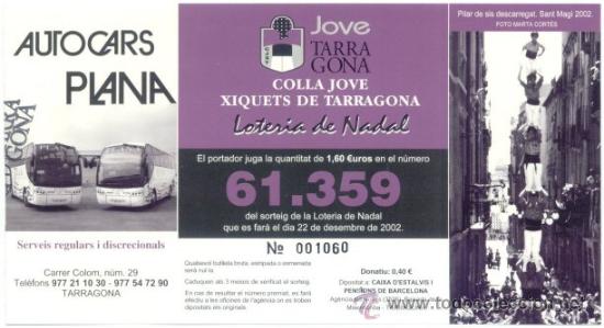 Loter&iacute;a nacional: CASTELLERS. PARTICIPACION LOTERIA COLLA JOVE XIQUETS DE TARRAGONA. A&Ntilde;O 2002. TEMA CASTELLER.