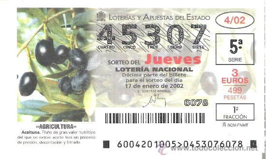 Loterie Nationale: 1 DECIMO LOTERIA DEL JUEVES - 17 ENERO 2002 - 4/02 - AGRICULTURA - ACEITUNA