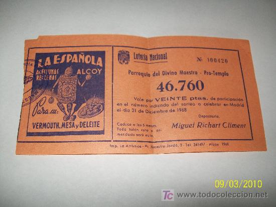 Loter&iacute;a Nacional: VALE POR VEINTE PTAS-21 DE DICIEMBRE DE 1968- PARTICIPACI&Oacute;N DEL N&ordm;. 46.760