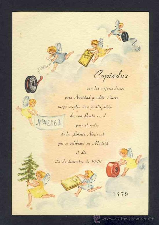 Loter&iacute;a nacional: Participacion de Loteria de COPIADUX de 22-12-1949 ilustrada. Angeles