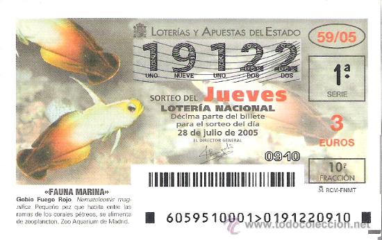 Lotaria Nacional: 1 DECIMO LOTERIA DEL JUEVES - 28 JULIO 2005 - 59/05 - FAUNA MARINA ( GOBIO FUEGO ROJO )