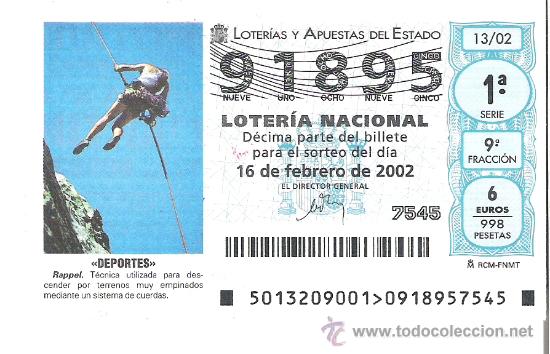 Nationale spanische Lotterie: 1 DECIMO LOTERIA DEL SABADO -- 16 FEBRERO 2002 -- 13/02 - DEPORTES - RAPPEL
