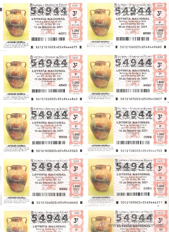 National Spanish Lottery: 1 BILLETE LOTERIA DEL SABADO --10 FEBRERO 2001 - 12/01 - ARTESANIA ESPA&Ntilde;OLA - OLLA ARCILLA (TAJUELO