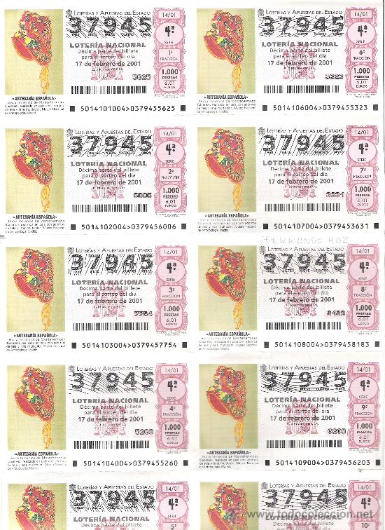 National Spanish Lottery: 1 BILLETE LOTERIA DEL SABADO --17 FEBRERO 2001 - 14/01 - ARTESANIA ESPA&Ntilde;OLA - GORRA DE MONTEHERMOSO