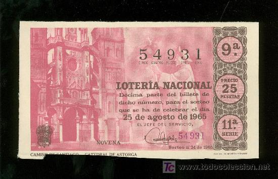 Nationale spanische Lotterie: DECIMO DE LOTERIA NACIONAL DEL 25 DE AGOSTO DE 1965. SORTEO N&ordm; 24.