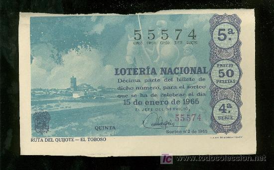 Lotteria Nationale Spagnola: DECIMO DE LOTERIA NACIONAL DEL 15 DE ENERO DE 1965. SORTEO N&ordm; 2.