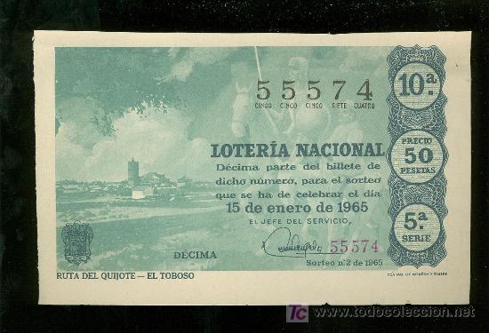 Lotteria Nationale Spagnola: DECIMO DE LOTERIA NACIONAL DEL 15 DE ENERO DE 1965. SORTEO N&ordm; 2.