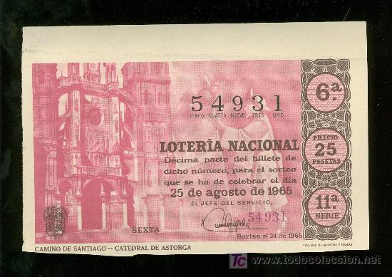 Lotteria Nationale Spagnola: DECIMO DE LOTERIA NACIONAL DEL 25 DE AGOSTO DE 1965. SORTEO N&ordm; 24.