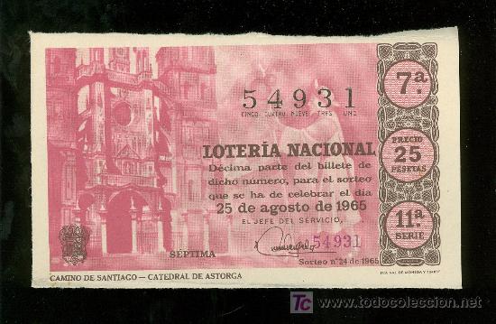 Lotteria Nationale Spagnola: DECIMO DE LOTERIA NACIONAL DEL 25 DE AGOSTO DE 1965. SORTEO N&ordm; 24.