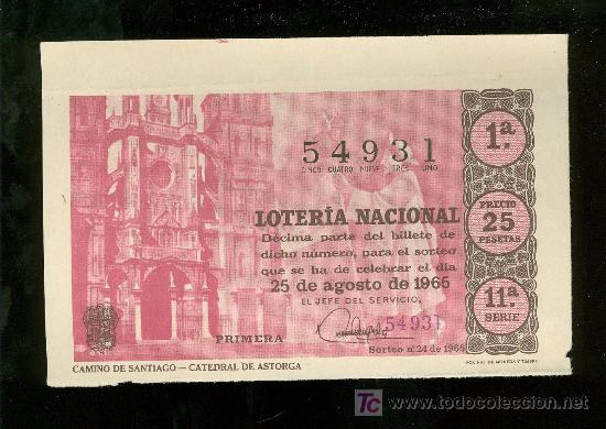 Lotteria Nationale Spagnola: DECIMO DE LOTERIA NACIONAL DEL 25 DE AGOSTO DE 1965. SORTEO N&ordm; 24.