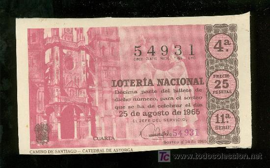 Lotteria Nationale Spagnola: DECIMO DE LOTERIA NACIONAL DEL 25 DE AGOSTO DE 1965. SORTEO N&ordm; 24.