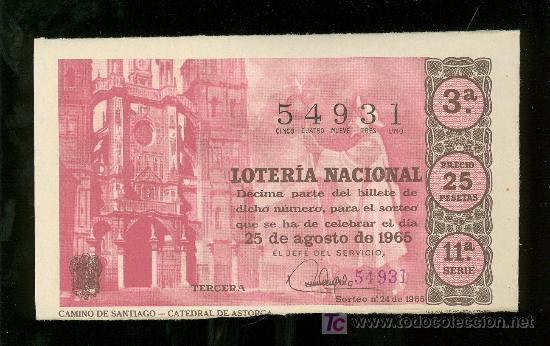 Lotteria Nationale Spagnola: DECIMO DE LOTERIA NACIONAL DEL 25 DE AGOSTO DE 1965. SORTEO N&ordm; 24.