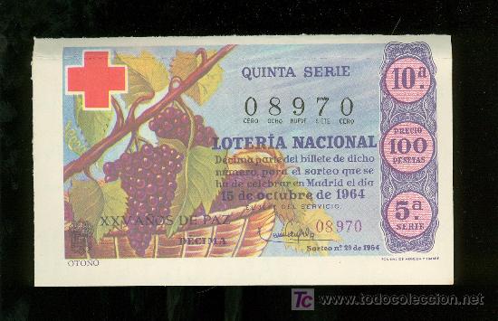 Lotteria Nationale Spagnola: DECIMO DE LOTERIA NACIONAL DEL 15 DE OCTUBRE DE 1964. SORTEO N&ordm; 29.