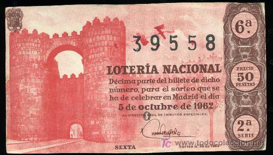 Nationale spanische Lotterie: DECIMO DE LOTERIA NACIONAL DEL 5 DE OCTUBRE DE 1962. SORTEO N&ordm; 28.