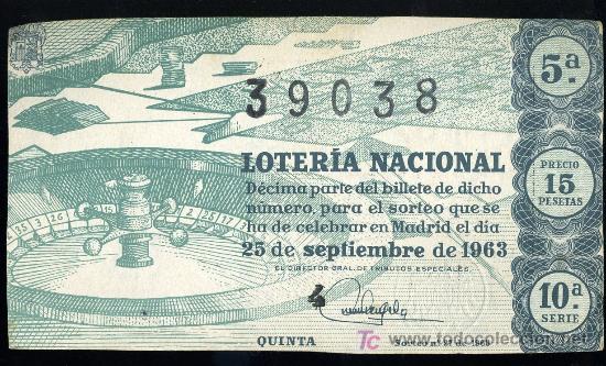 Lotaria Nacional: DECIMO DE LOTERIA NACIONAL DEL 25 DE SEPTIEMBRE DE 1963. SORTEO N&ordm; 27.