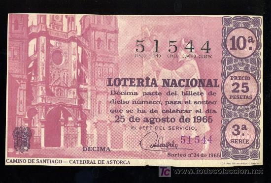 Lotaria Nacional: DECIMO DE LOTERIA NACIONAL DEL 25 DE AGOSTO DE 1965. SORTEO N&ordm; 24.
