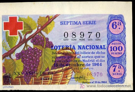 Lotaria Nacional: DECIMO DE LOTERIA NACIONAL DEL 15 DE OCTUBRE DE 1964. SORTEO N&ordm; 29.