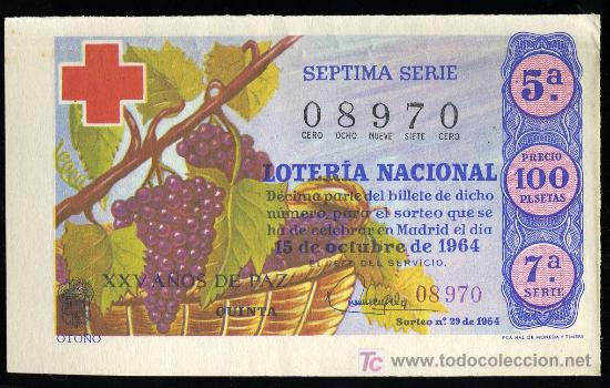 Lotaria Nacional: DECIMO DE LOTERIA NACIONAL DEL 15 DE OCTUBRE DE 1964. SORTEO N&ordm; 29.