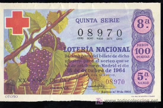 Lotaria Nacional: DECIMO DE LOTERIA NACIONAL DEL 15 DE OCTUBRE DE 1964. SORTEO N&ordm; 29.