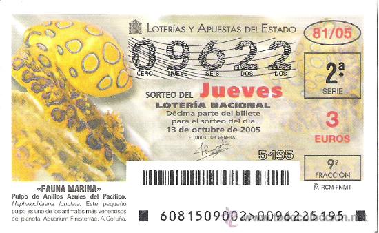 National Spanish Lottery: 1 DECIMO LOTERIA JUEVES - 13 OCTUBRE 2005 - 81/05 - FAUNA MARINA (PULPO DE ANILLOS AZULES PACIFICO)