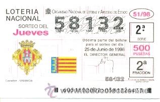 Loter&iacute;a Nacional: 10-5198. Loteria Jueves, sorteo n&ordm; 51 de 1998, Escudo Castell&oacute;n
