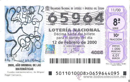Loterie Nationale: 1 DECIMO LOTERIA DEL SABADO - 12 FEBRERO 2000 - 11/00 - A&Ntilde;O MUNDIAL DE LAS MATEMATICAS