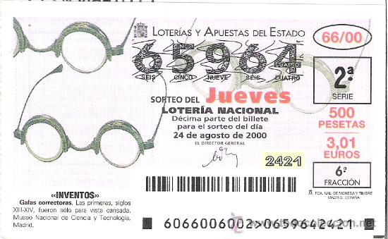 Nationale spanische Lotterie: 1 DECIMO LOTERIA DEL JUEVES - 19 AGOSTO 2000 - 66/00 - INVENTOS - GAFAS CORRECTORAS