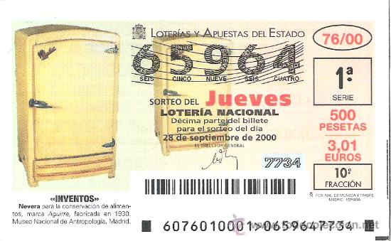 Lotaria Nacional: 1 DECIMO LOTERIA DEL JUEVES - 28 SEPTIEMBRE 2000 - 76/00 - INVENTOS - NEVERA