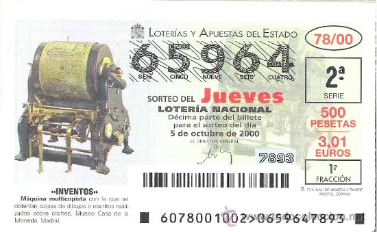 Lotaria Nacional: 1 DECIMO LOTERIA DEL JUEVES - 5 OCTUBRE 2000 - 78/00 - INVENTOS - MAQUINA MULTICOPISTA