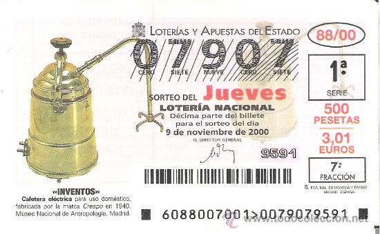 Lotaria Nacional: 1 DECIMO LOTERIA DEL JUEVES - 9 NOVIEMBRE 2000 - 88/00 - INVENTOS - CAFETERA ELECTRICA