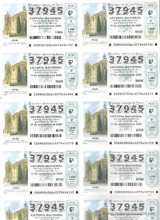 National Spanish Lottery: 1 BILLETE LOTERIA DEL SABADO -11 NOVIEMBRE 2000 - 89/00 - IGLESIA PARROQUIAL DE POLAN ( TOLEDO )
