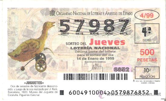 Loterie Nationale: 1 DECIMO LOTERIA DEL JUEVES - 14 ENERO 1999 - 4/99 - JUGUETES - OCA DE ARRASTRE - FIGUERES ( GIRONA