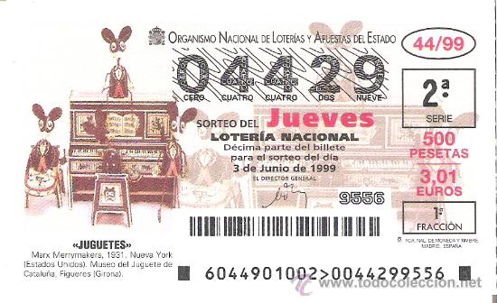Loterie Nationale: 1 DECIMO LOTERIA DEL JUEVES - 3 JUNIO 1999 - 44/99 - JUGUETES - MARX MERRYMAKERS - MUSEO FIGUERES