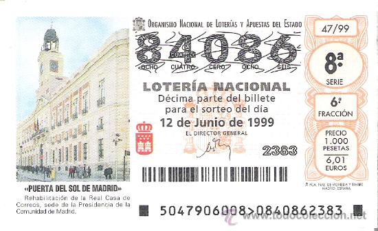 Lotteria Nationale Spagnola: 1 DECIMO LOTERIA DEL SABADO - 12 JUNIO 1999 - 47/99 - PUERTA DEL SOL DE MADRID