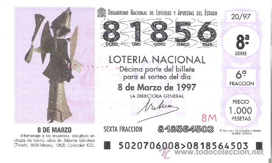 Loterie Nationale: 1 DECIMO LOTERIA DEL SABADO - 8 MARZO 1997 - 20/97 - HOMENAJE A LAS MUJERES