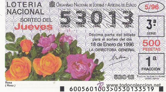 Nationale spanische Lotterie: 1 DECIMO LOTERIA DEL JUEVES - 18 ENERO 1996 - 5/96 - PLANTAS Y FLORES - ROSA