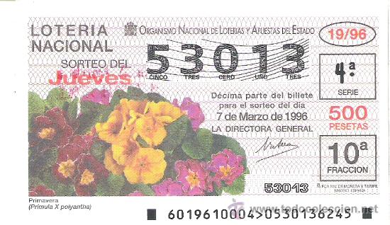 Nationale spanische Lotterie: 1 DECIMO LOTERIA DEL JUEVES - 7 MARZO 1996 - 19/96 - FLORES Y PLANTAS - PRIMAVERA