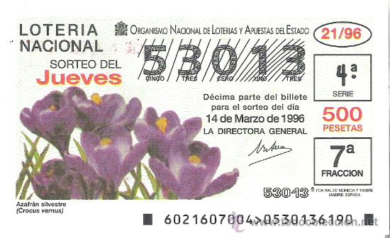 Nationale spanische Lotterie: 1 DECIMO LOTERIA DEL JUEVES - 14 MARZO 1996 - 21/96 - FLORES Y PLANTAS - AZAFRAN SILVESTRE