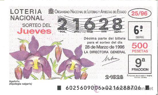 Nationale spanische Lotterie: 1 DECIMO LOTERIA DEL JUEVES - 28 MARZO 1996 - 25/96 - FLORES Y PLANTAS - AGUILE&Ntilde;A